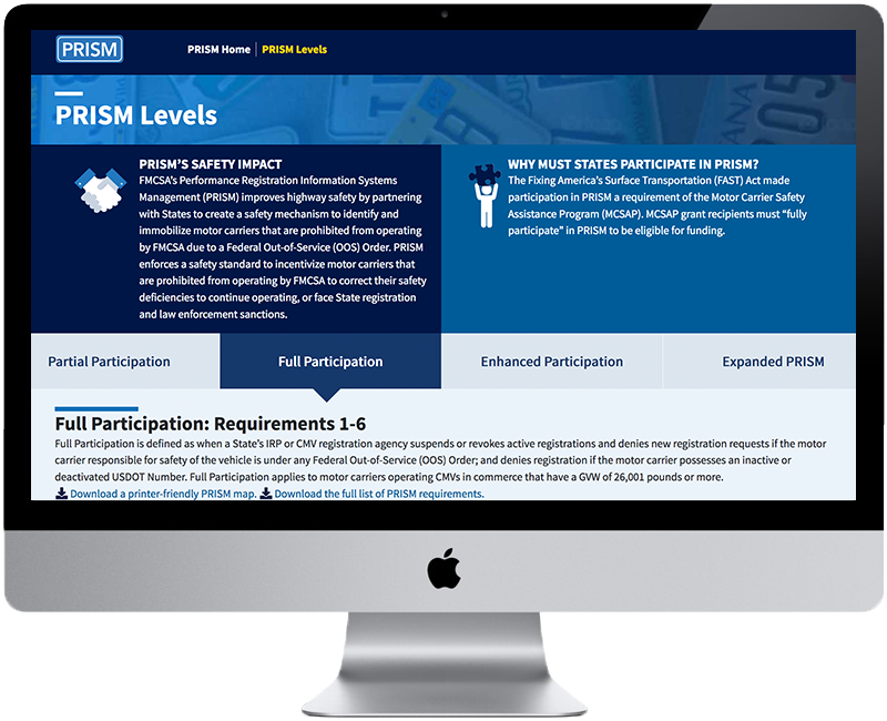 PRISM-DASH-Levels FMCSA PRISM Data and Activity Safety Hub Web Design 